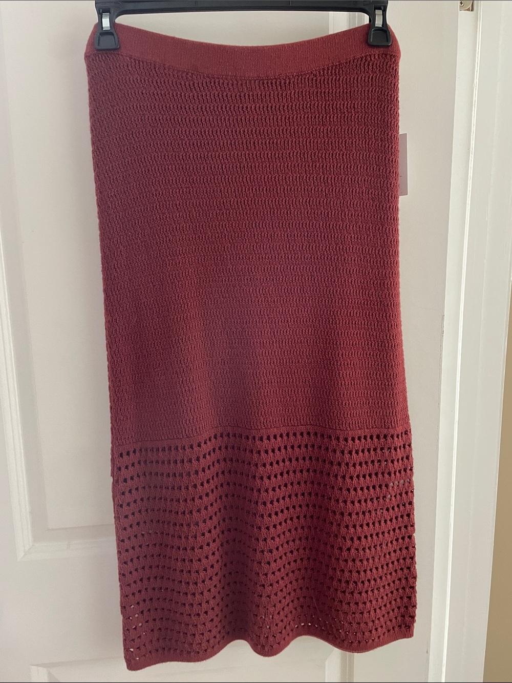 Nine West Crochet-Hem Midi Skirt in “Marsala Flower”